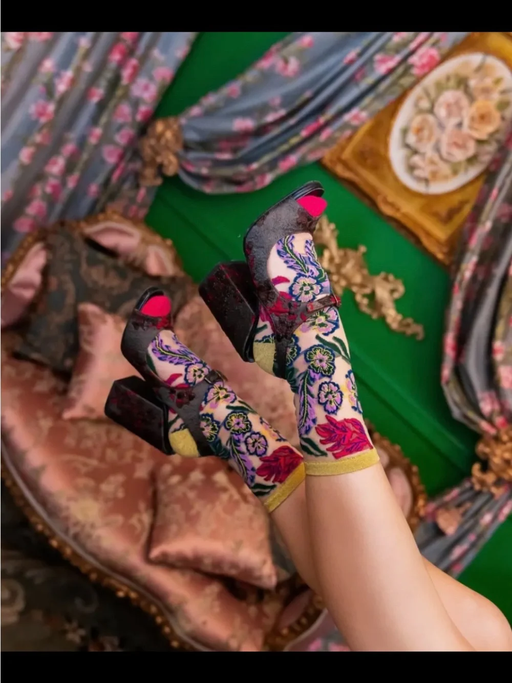 Sock Candy Festive Floral Sheer Crew Sock. Price firm.